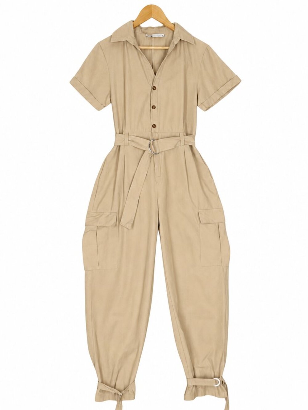 ZARA KHAKI UTILITY JUMPSUIT – SIZE M – BUTTON‑FRONT, BELTED – COTTON BLEND